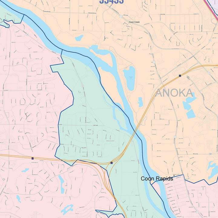Color Cast Zip Code Style Wall Map of Brooklyn Park, MN