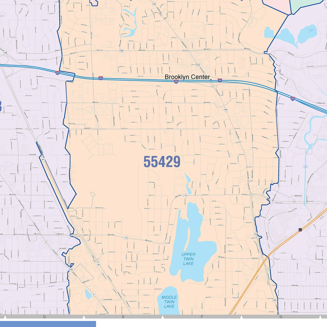 Color Cast Zip Code Style Wall Map of Brooklyn Park, MN