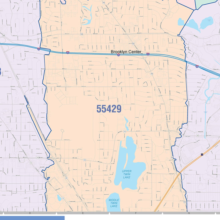 Color Cast Zip Code Style Wall Map of Brooklyn Park, MN