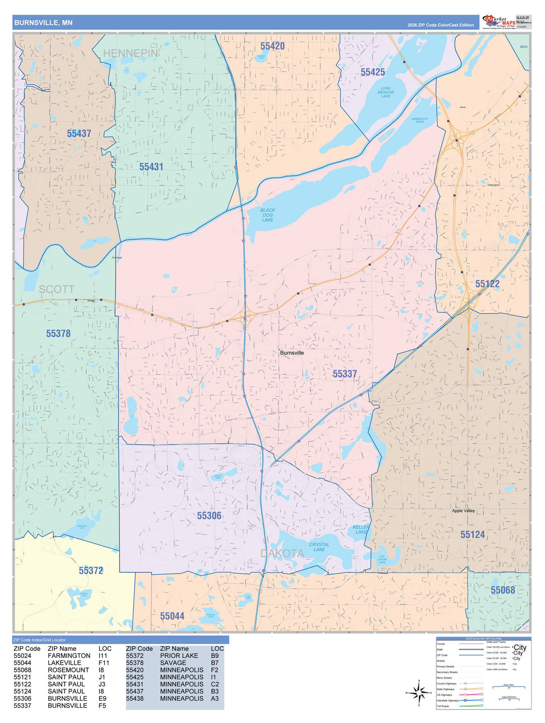 Color Cast Zip Code Style Wall Map of Burnsville, MN