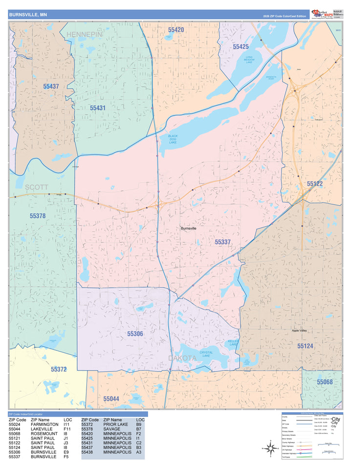 Color Cast Zip Code Style Wall Map of Burnsville, MN