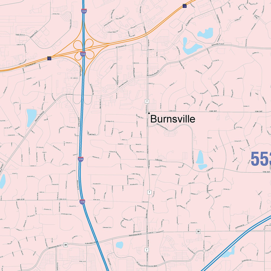 Color Cast Zip Code Style Wall Map of Burnsville, MN