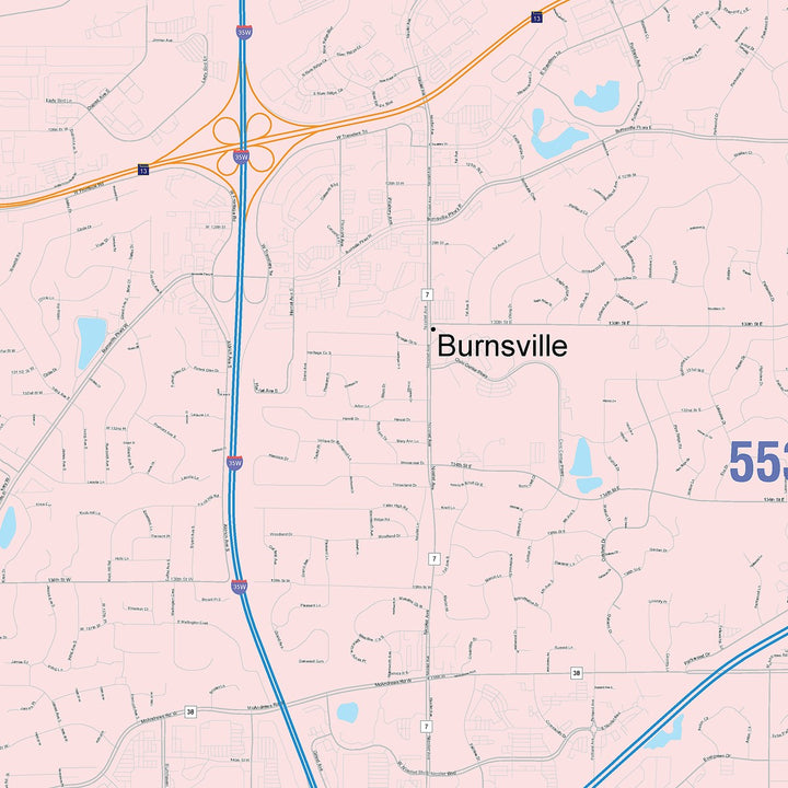 Color Cast Zip Code Style Wall Map of Burnsville, MN