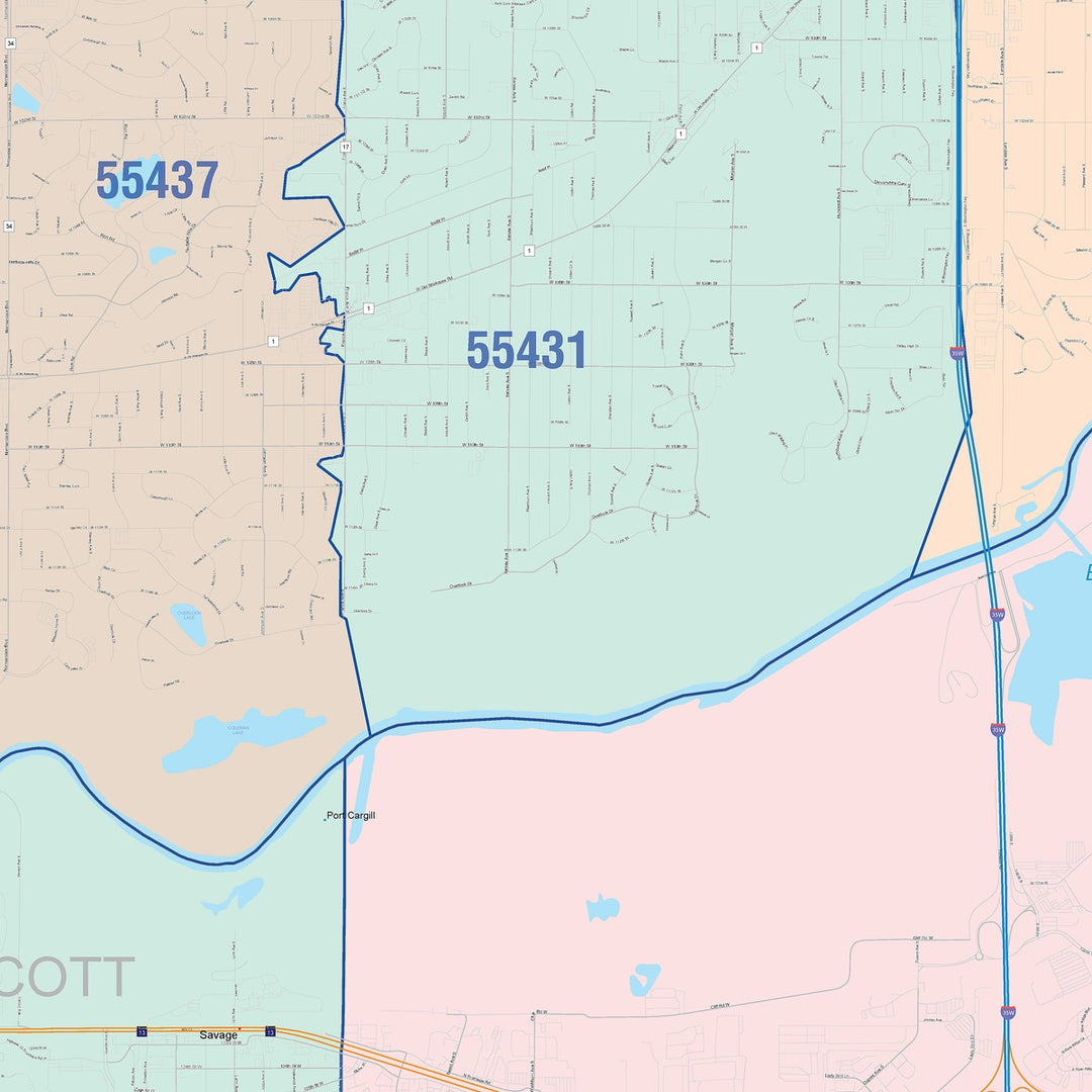 Color Cast Zip Code Style Wall Map of Burnsville, MN