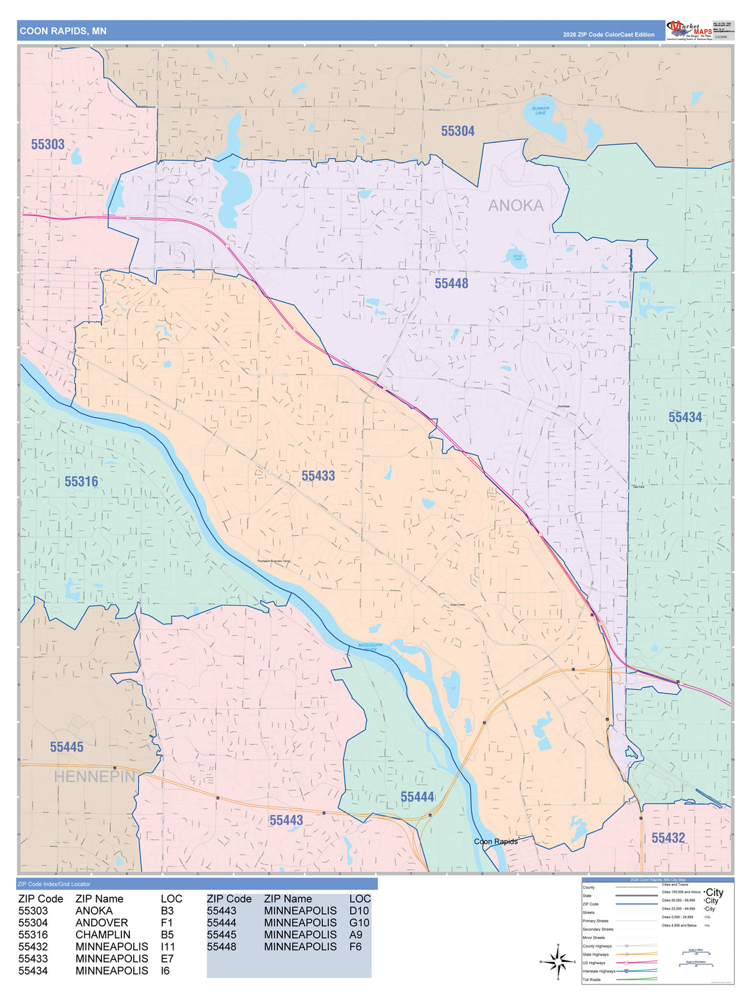 Color Cast Zip Code Style Wall Map of Coon Rapids, MN