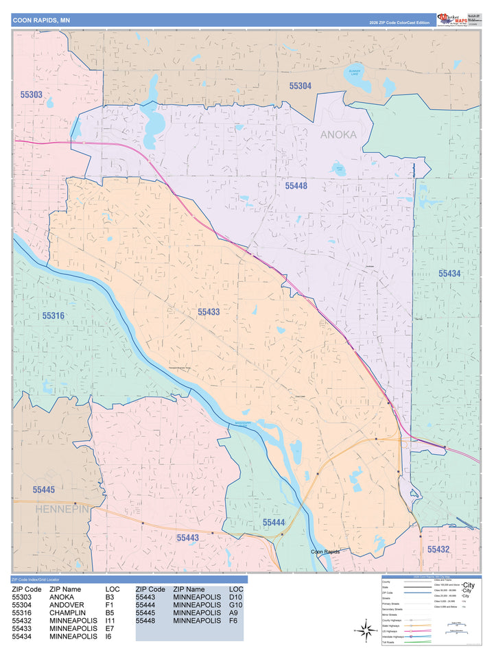 Color Cast Zip Code Style Wall Map of Coon Rapids, MN