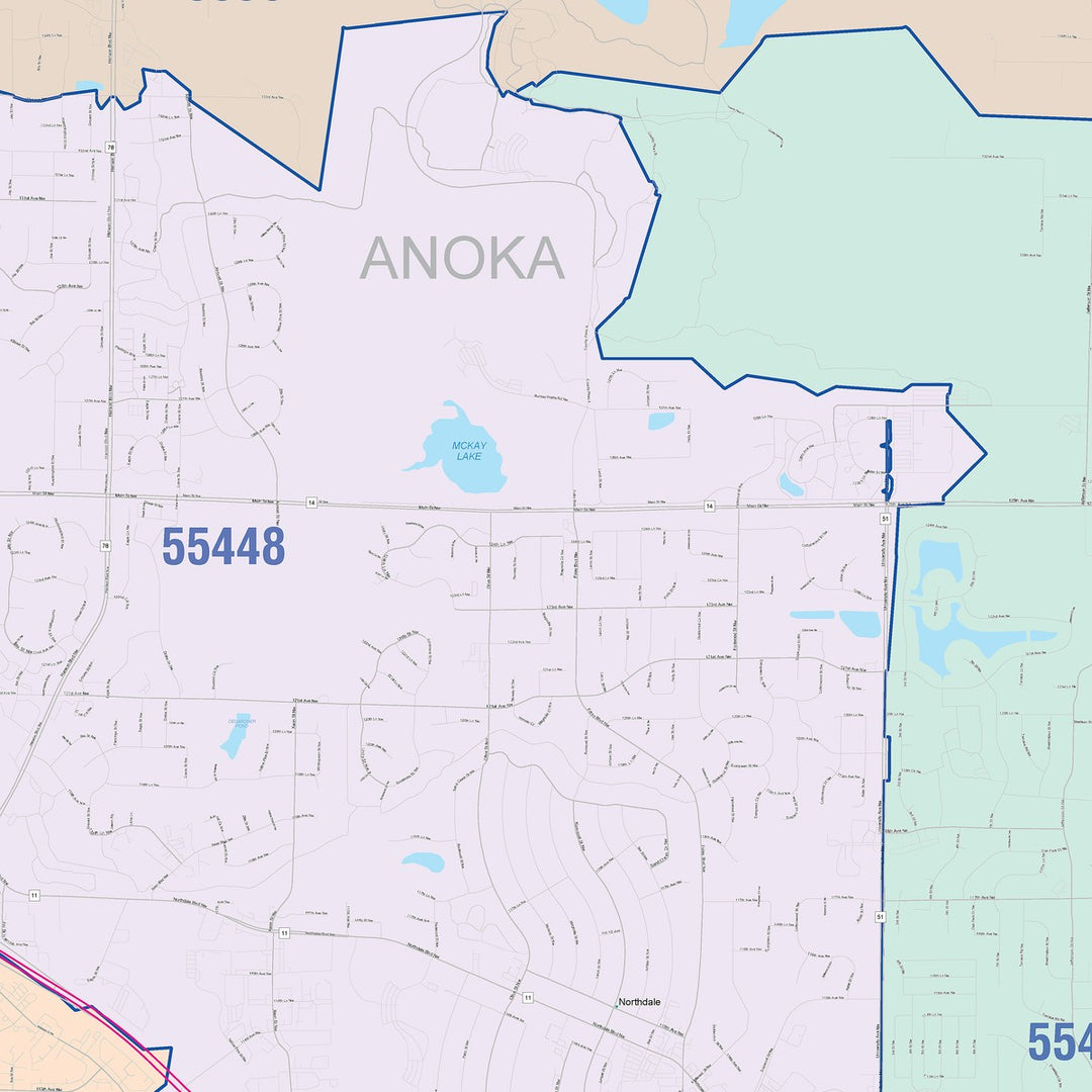 Color Cast Zip Code Style Wall Map of Coon Rapids, MN