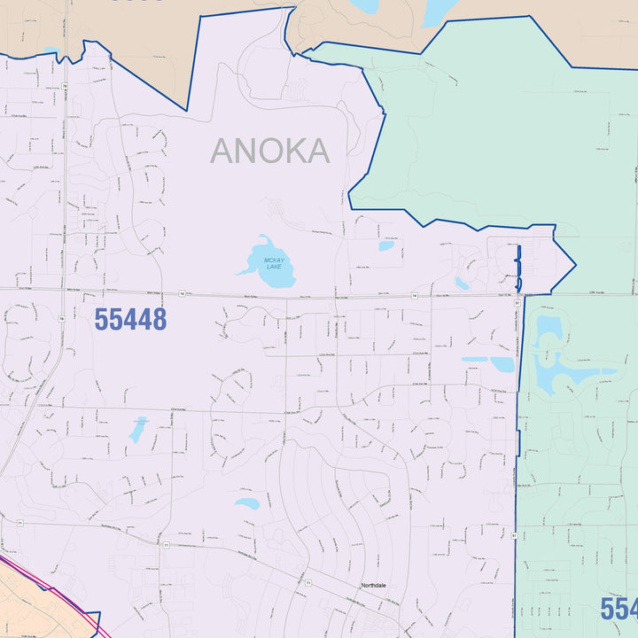 Color Cast Zip Code Style Wall Map of Coon Rapids, MN