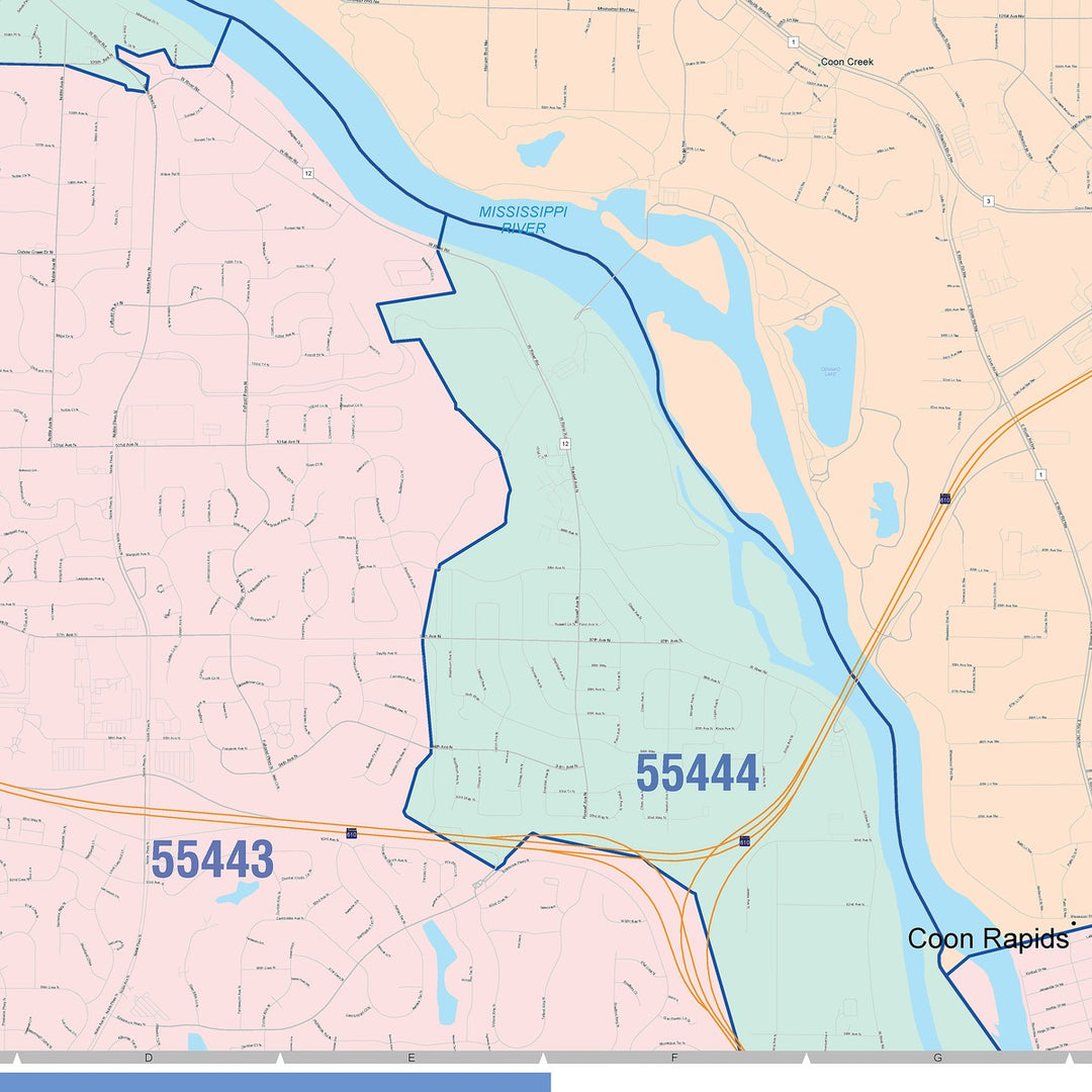 Color Cast Zip Code Style Wall Map of Coon Rapids, MN