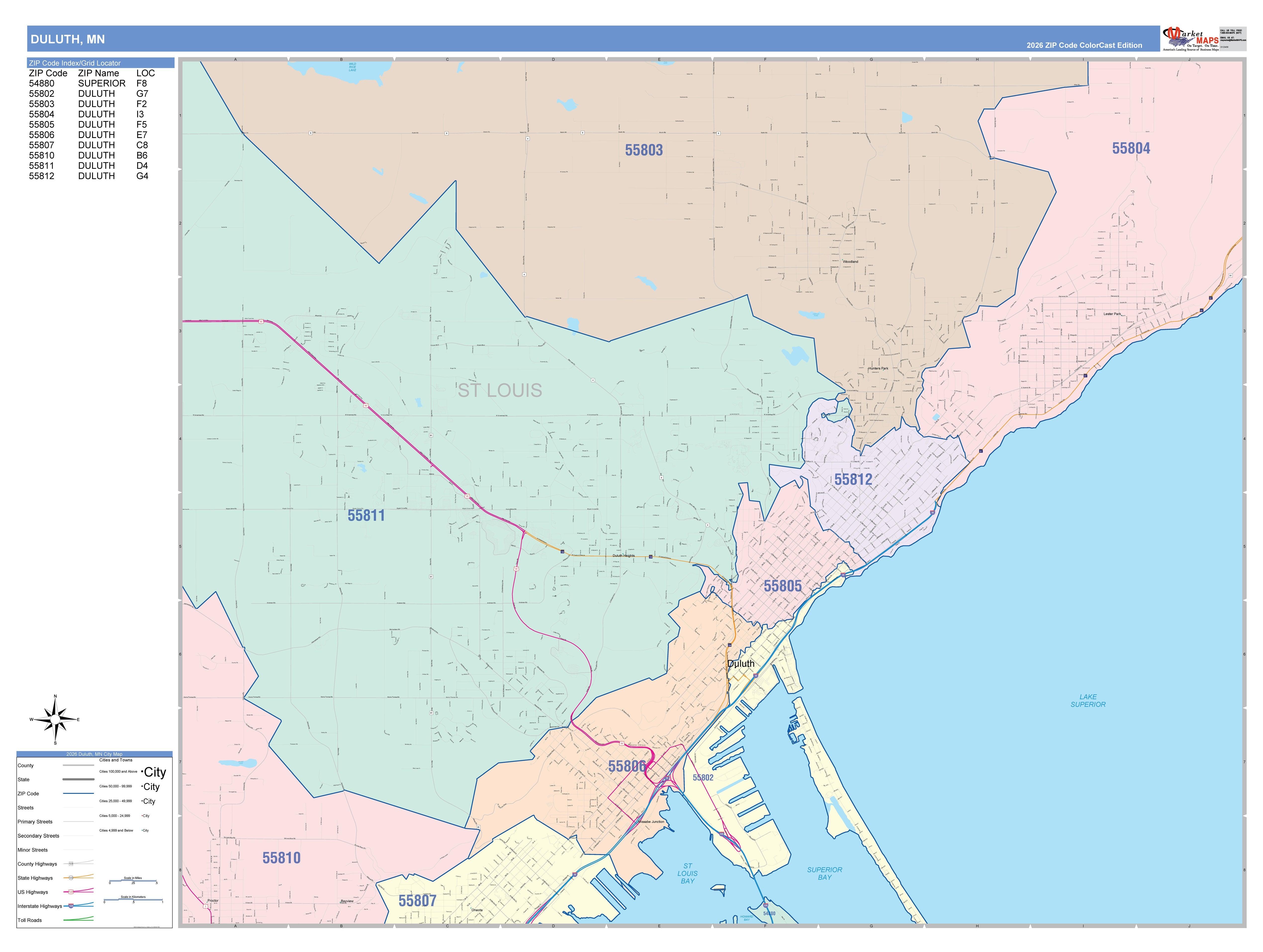 Color Cast Zip Code Style Wall Map of Duluth, MN – American Map Store