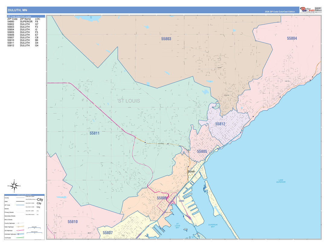Color Cast Zip Code Style Wall Map of Duluth, MN