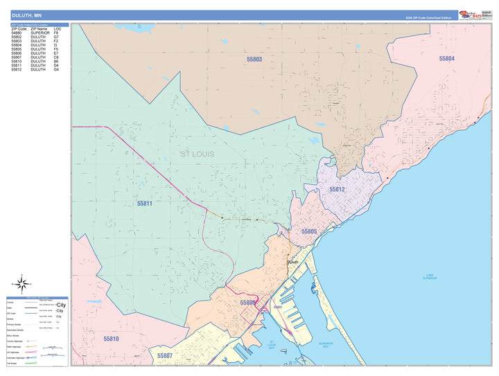 Color Cast Zip Code Style Wall Map of Duluth, MN
