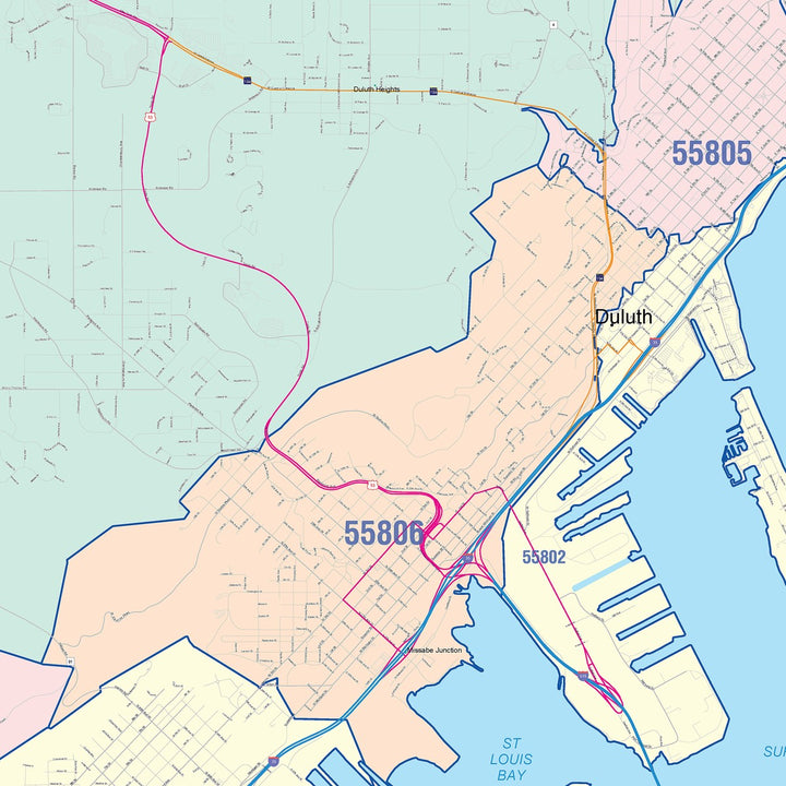 Color Cast Zip Code Style Wall Map of Duluth, MN