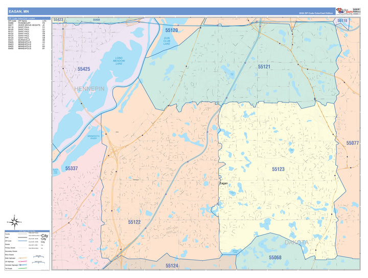 Color Cast Zip Code Style Wall Map of Eagan, MN