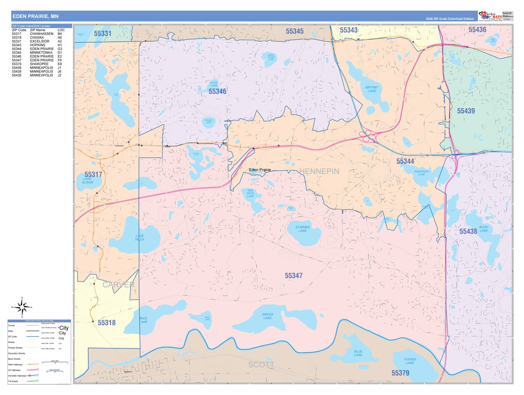 Color Cast Zip Code Style Wall Map of Eden Prairie, MN