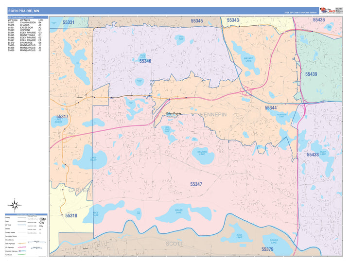 Color Cast Zip Code Style Wall Map of Eden Prairie, MN