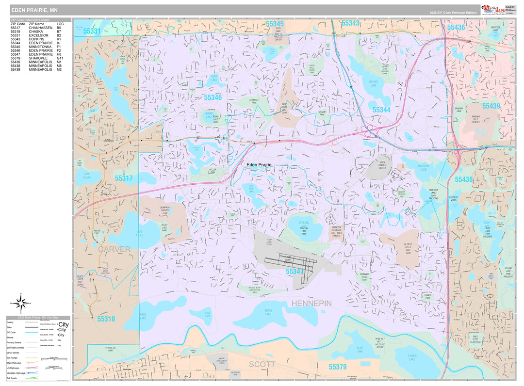 Premium Style Wall Map of Eden Prairie, MN