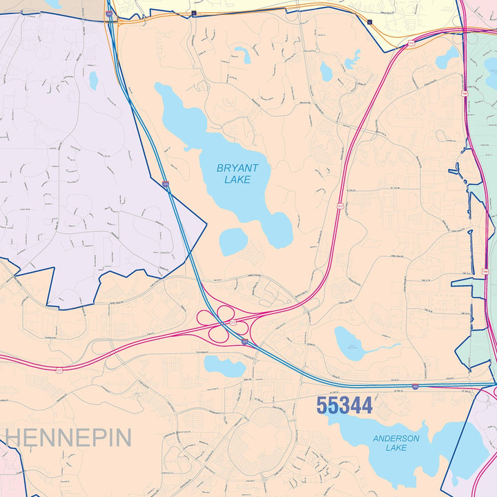 Color Cast Zip Code Style Wall Map of Eden Prairie, MN