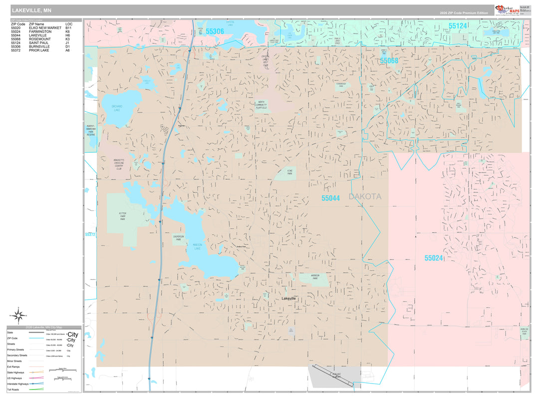 Premium Style Wall Map of Lakeville, MN