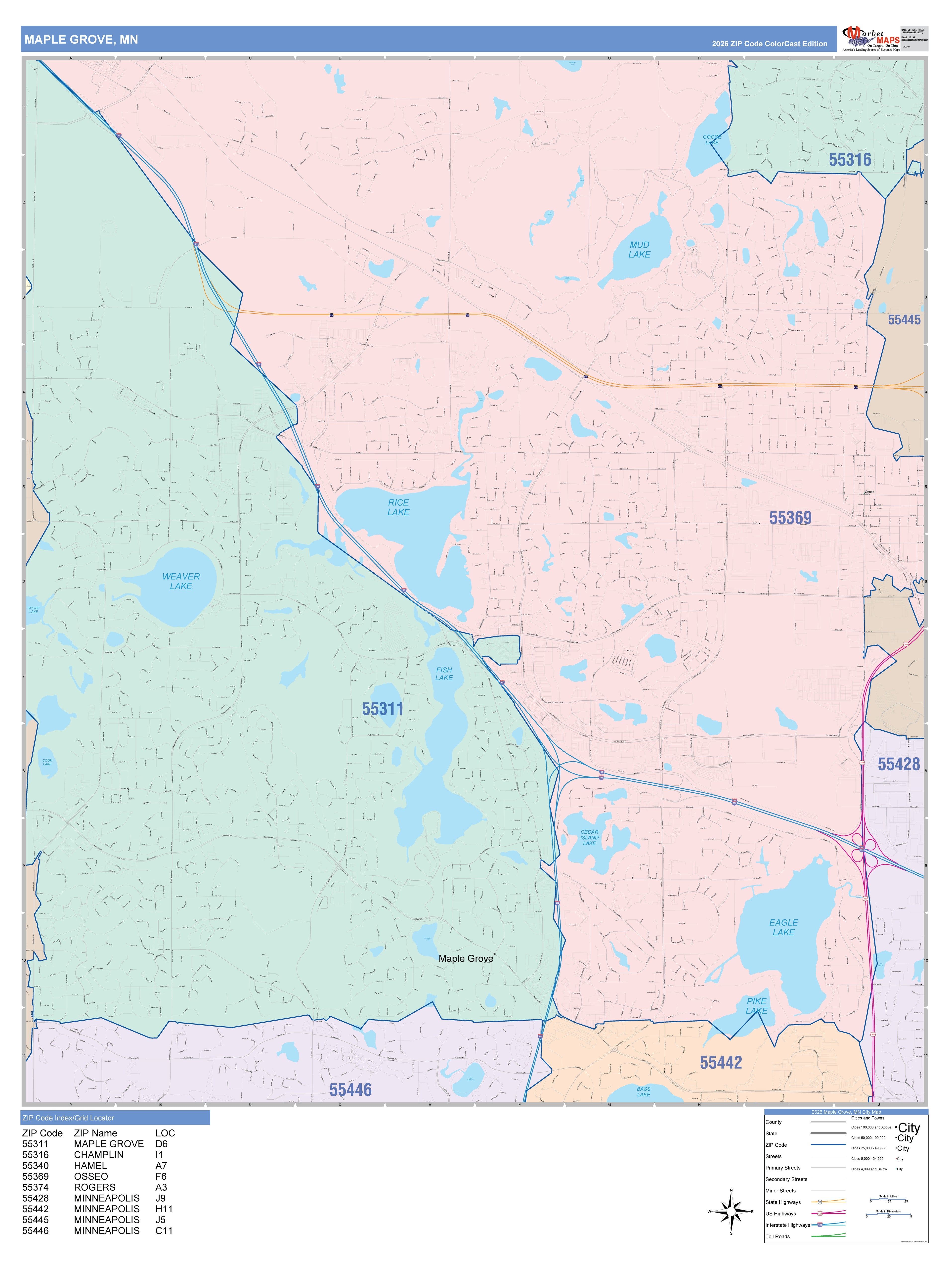 Color Cast Zip Code Style Wall Map of Maple Grove, MN – American Map Store