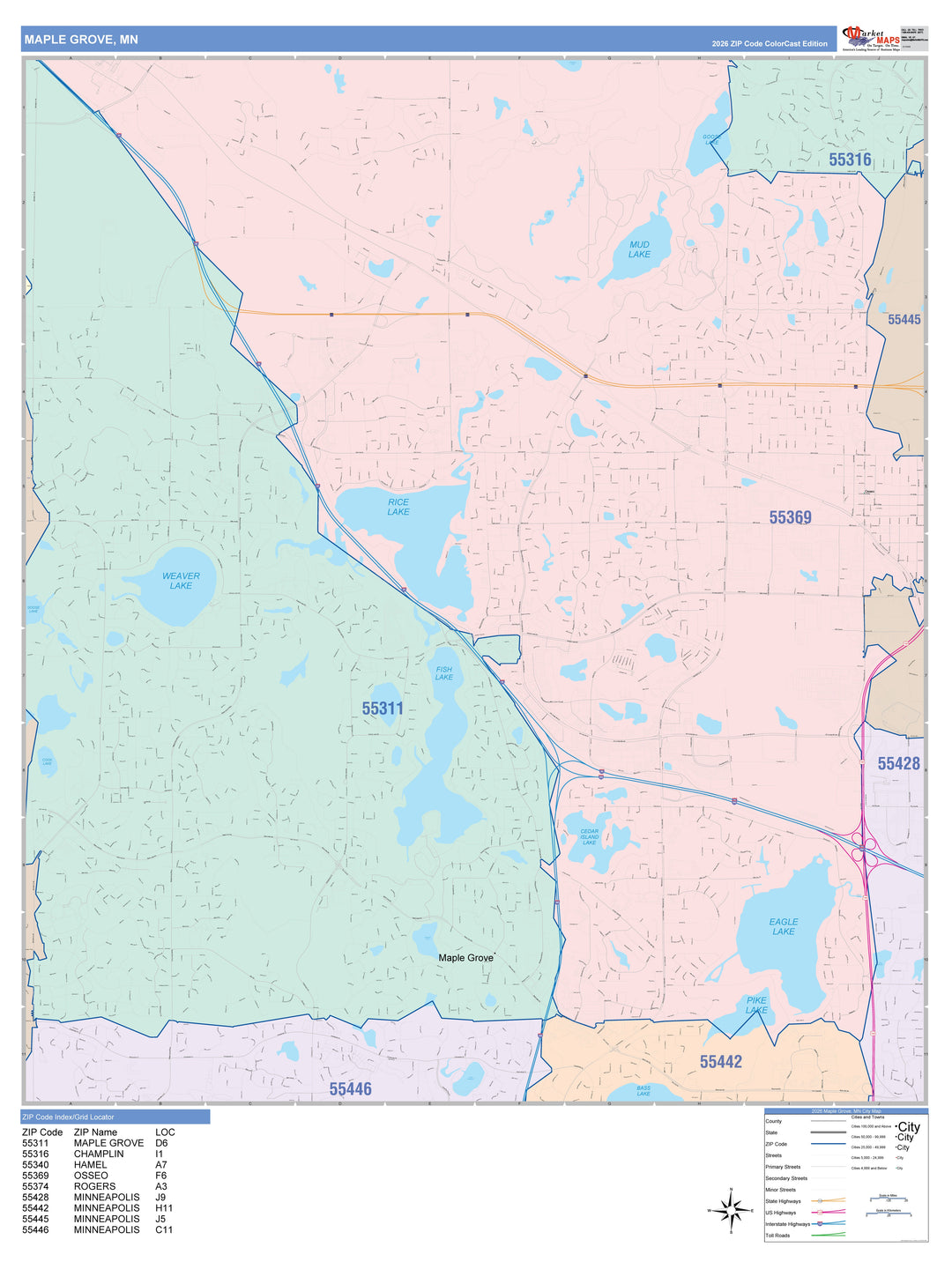Color Cast Zip Code Style Wall Map of Maple Grove, MN