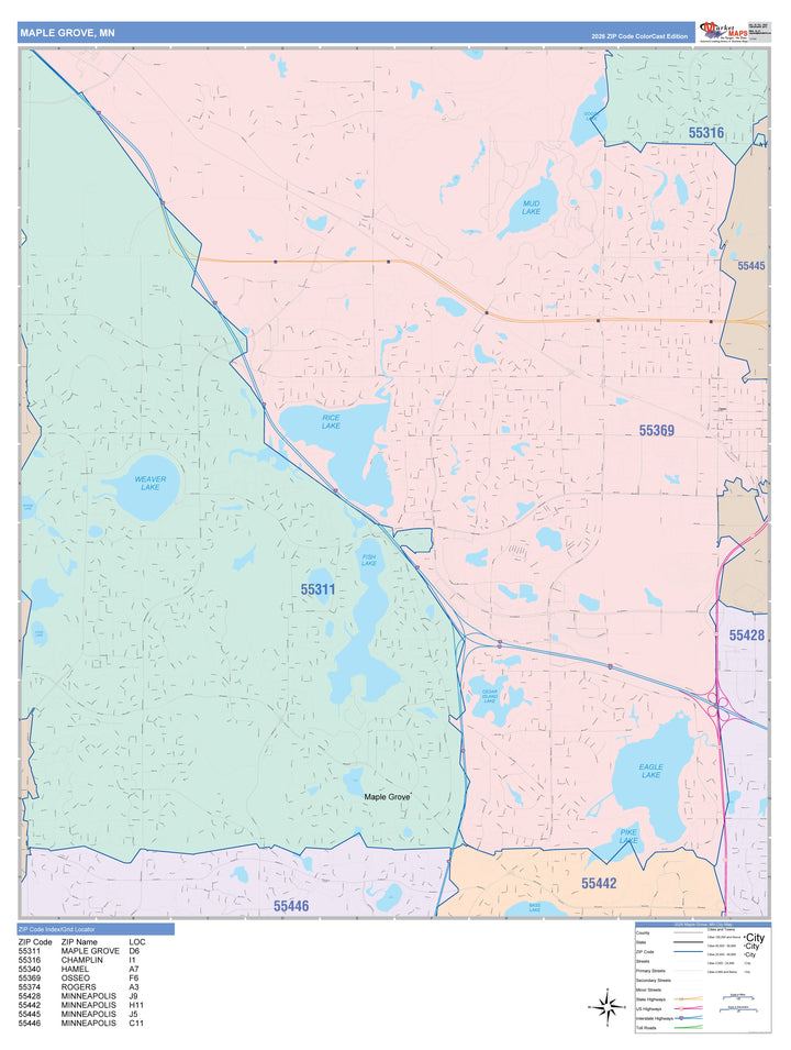 Color Cast Zip Code Style Wall Map of Maple Grove, MN