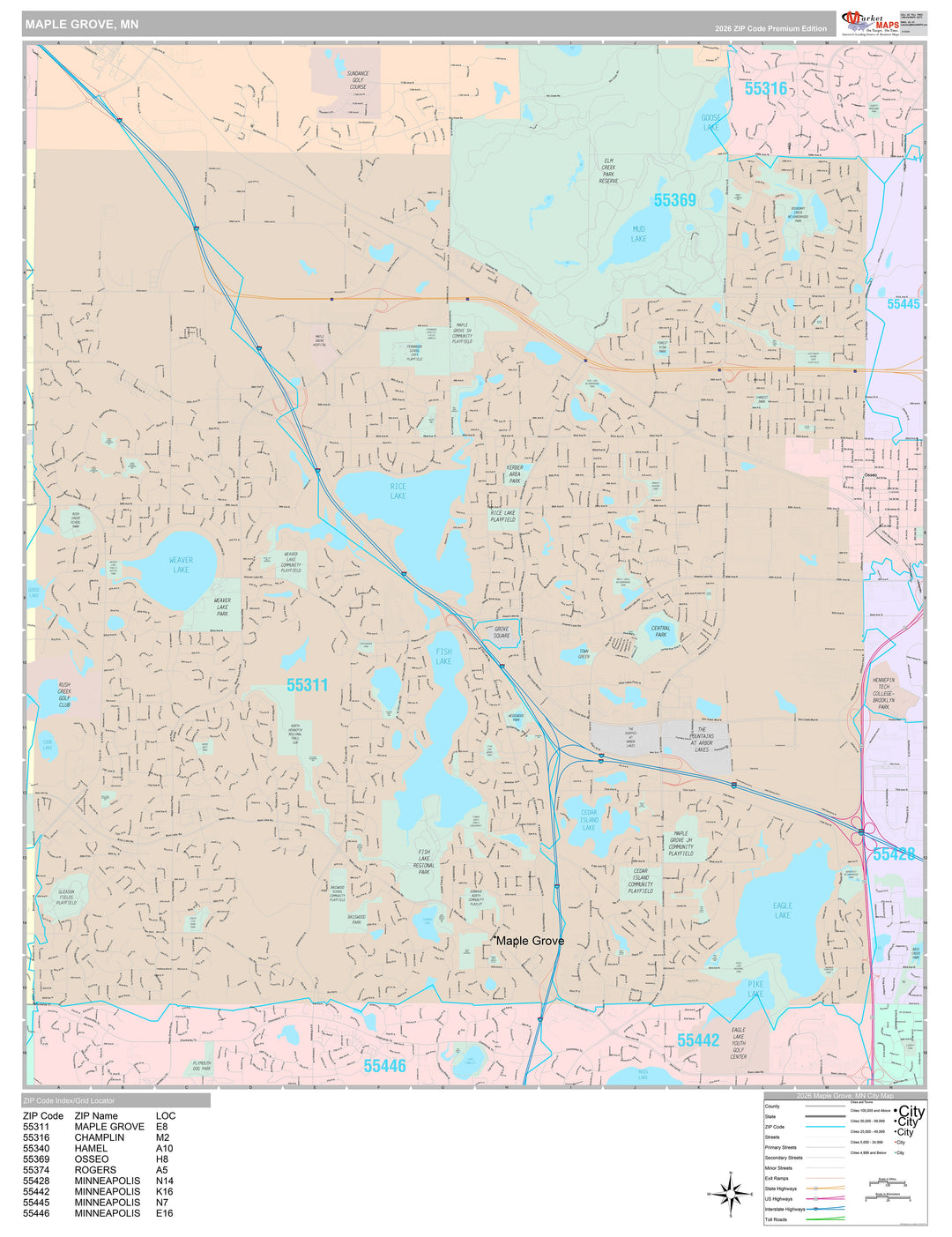 Premium Style Wall Map of Maple Grove, MN