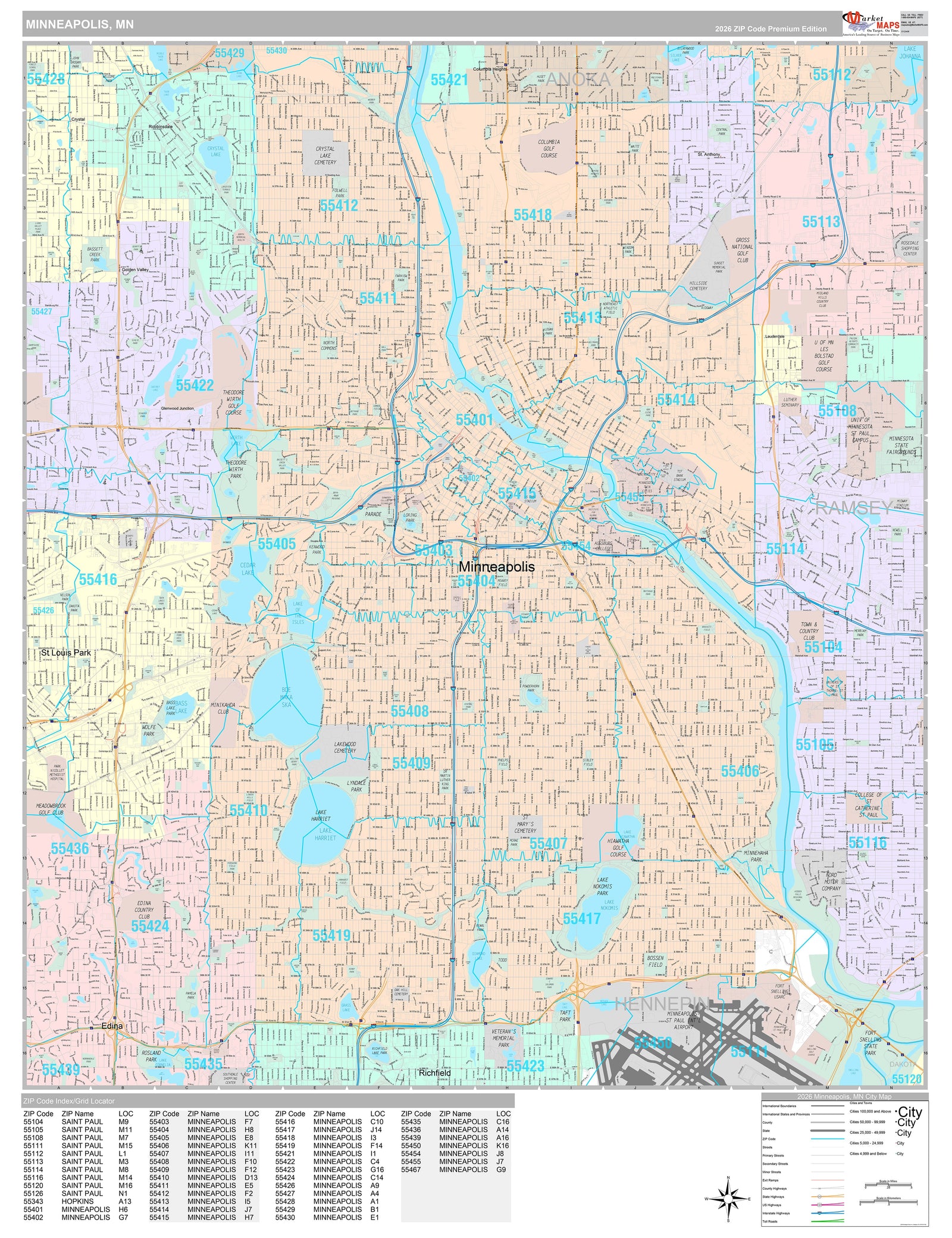 Premium Style Wall Map of Minneapolis MN.