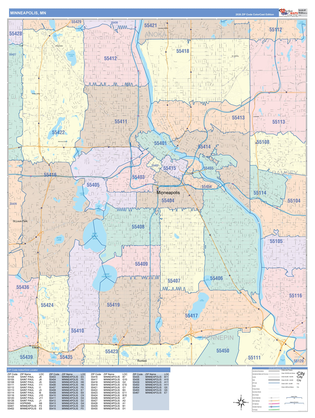 Colorcast Zip Code Style Wall Map of Minneapolis, MN. by Market