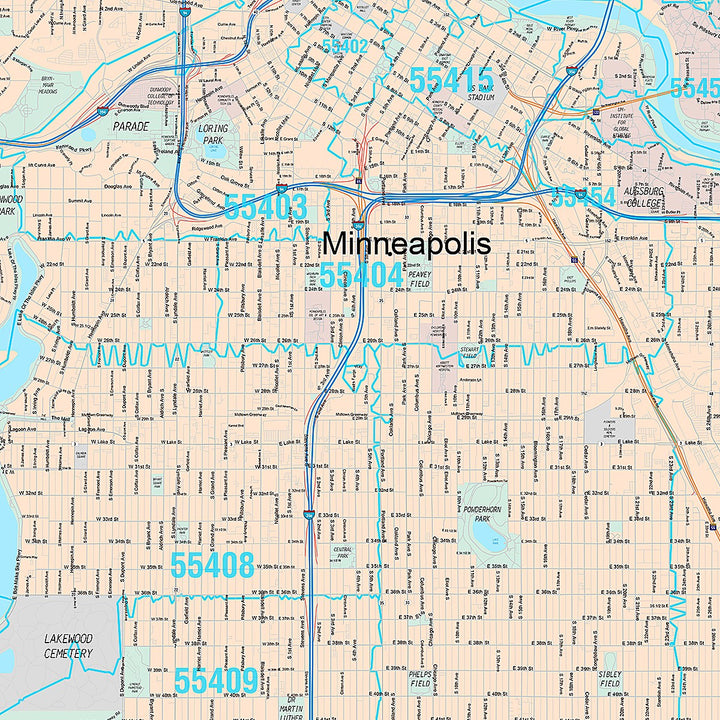 Premium Style Wall Map of Minneapolis MN.