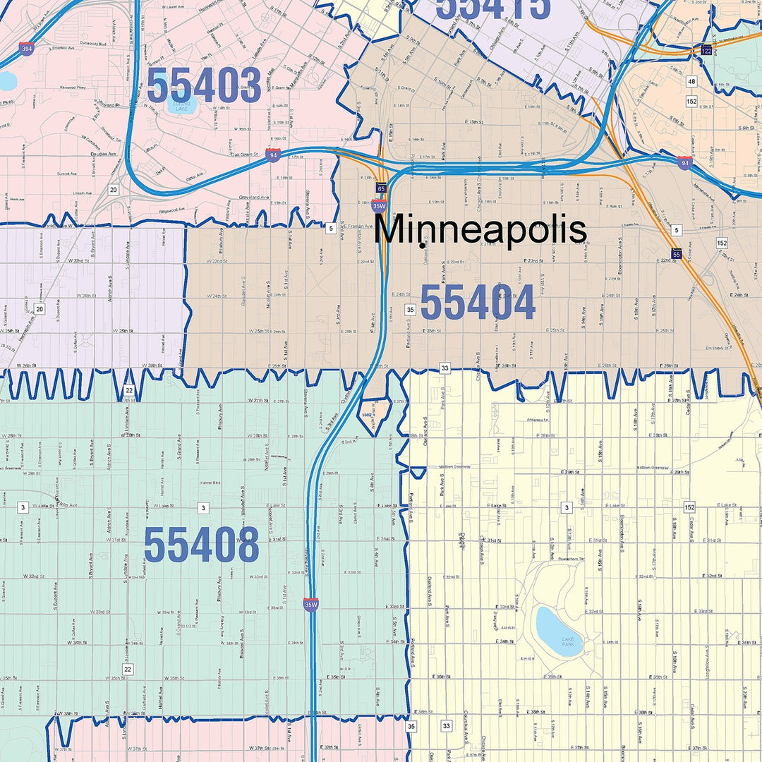 Colorcast Zip Code Style Wall Map of Minneapolis, MN. by Market