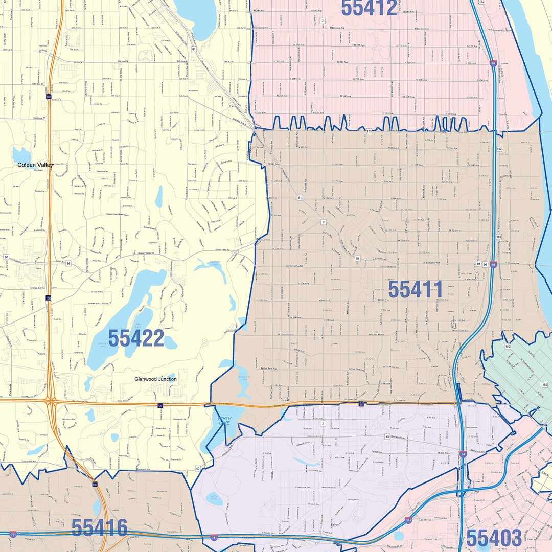 Colorcast Zip Code Style Wall Map of Minneapolis MN