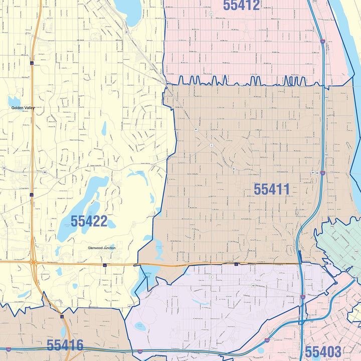 Colorcast Zip Code Style Wall Map of Minneapolis MN