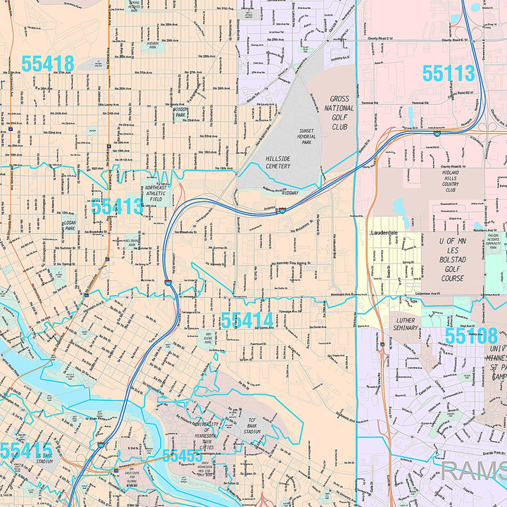 Premium Style Wall Map of Minneapolis MN.