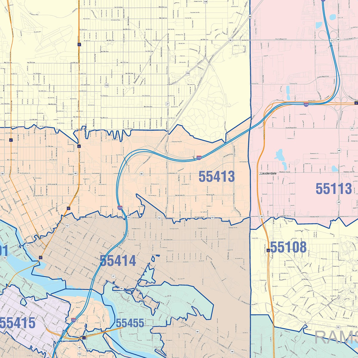 Colorcast Zip Code Style Wall Map of Minneapolis, MN – American