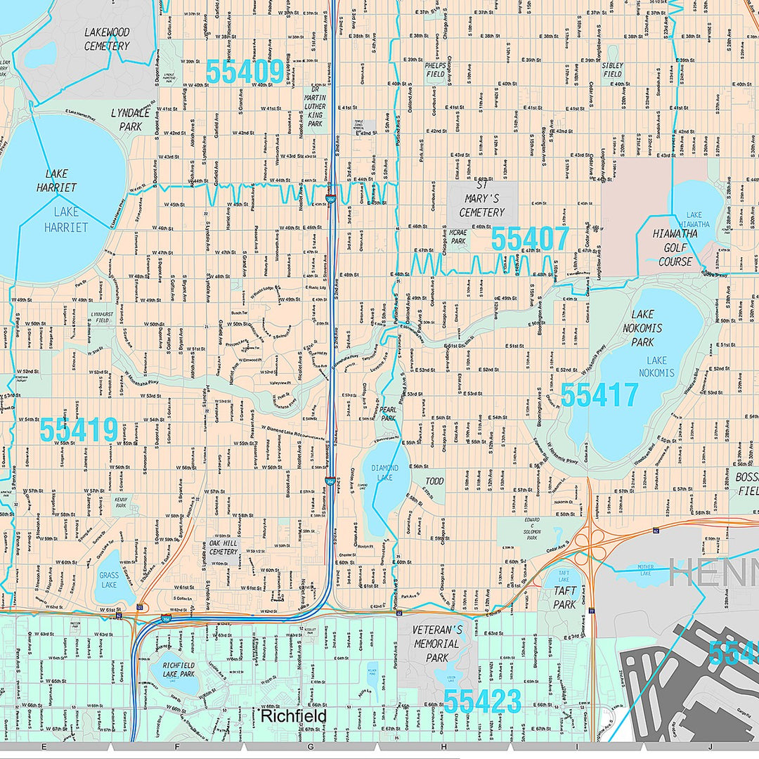 Premium Style Wall Map of Minneapolis MN.