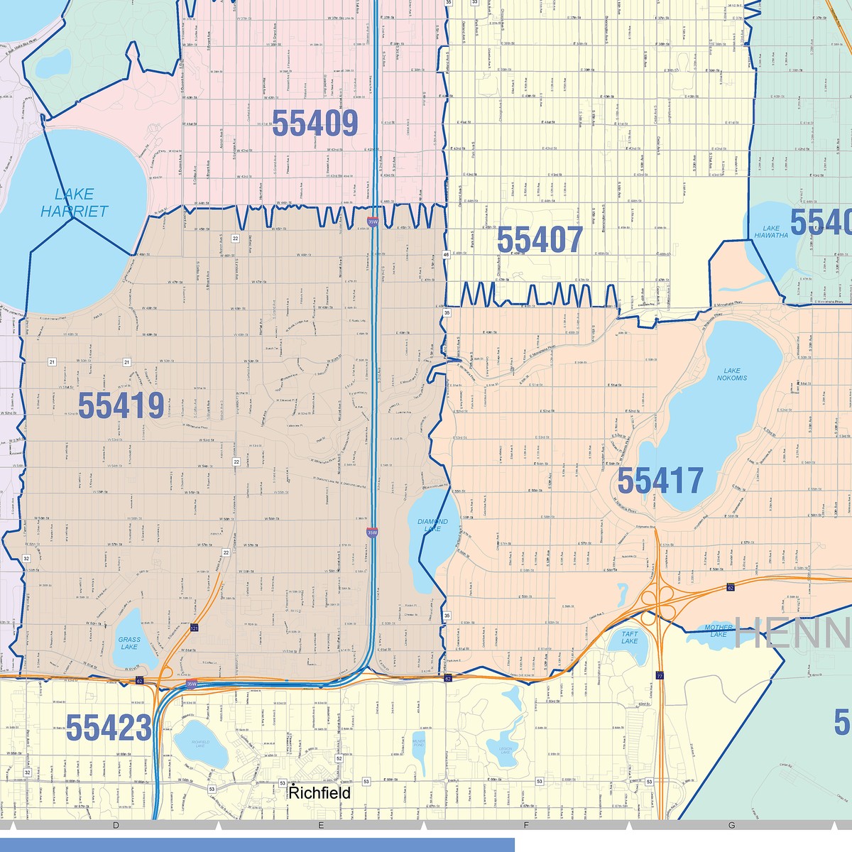 Colorcast Zip Code Style Wall Map of Minneapolis, MN – American
