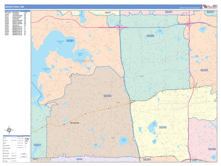 Color Cast Zip Code Style Wall Map of Minnetonka, MN