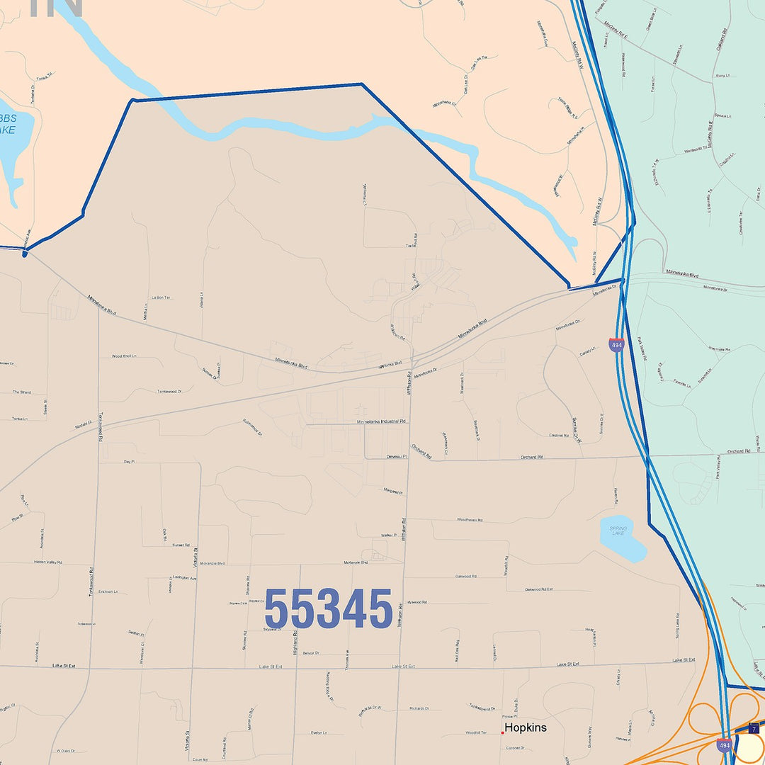 Color Cast Zip Code Style Wall Map of Minnetonka, MN