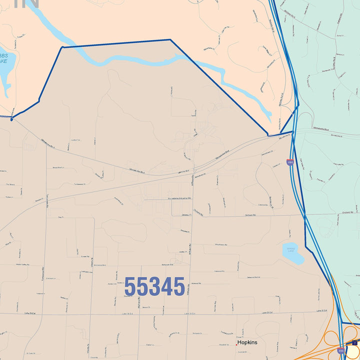 Color Cast Zip Code Style Wall Map of Minnetonka, MN