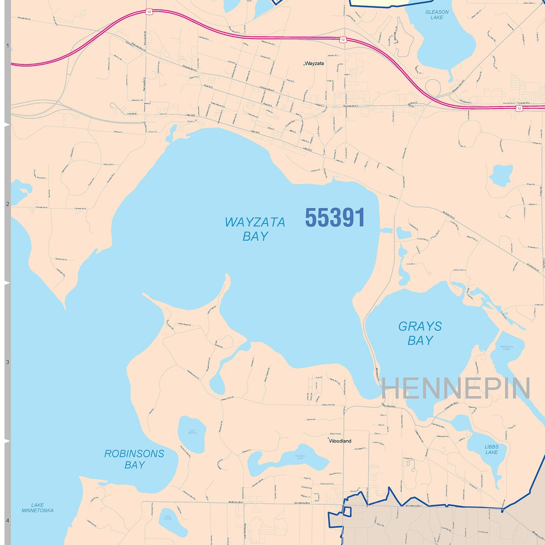 Color Cast Zip Code Style Wall Map of Minnetonka, MN