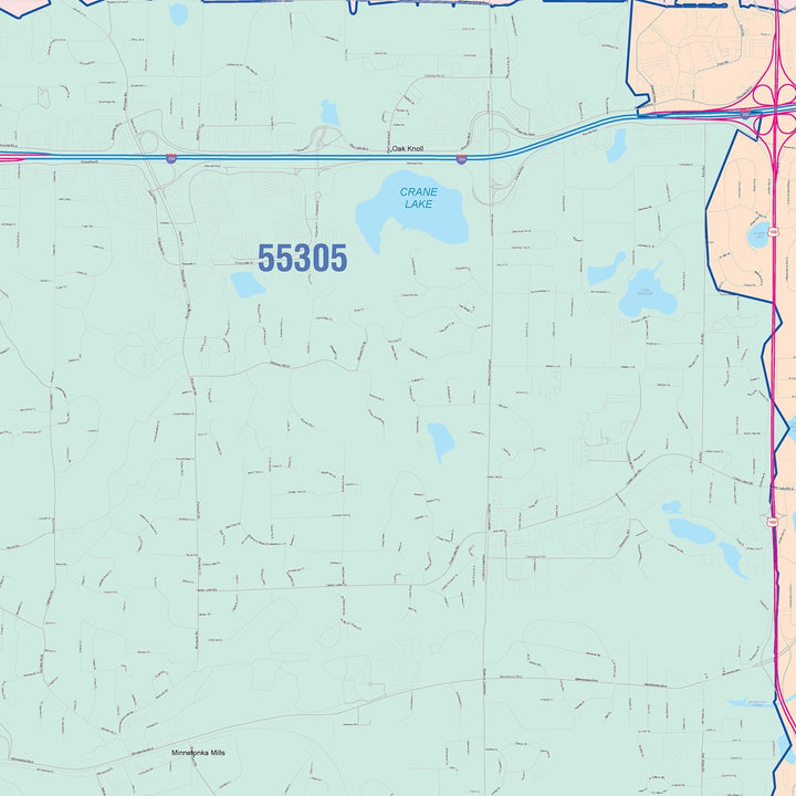 Color Cast Zip Code Style Wall Map of Minnetonka, MN