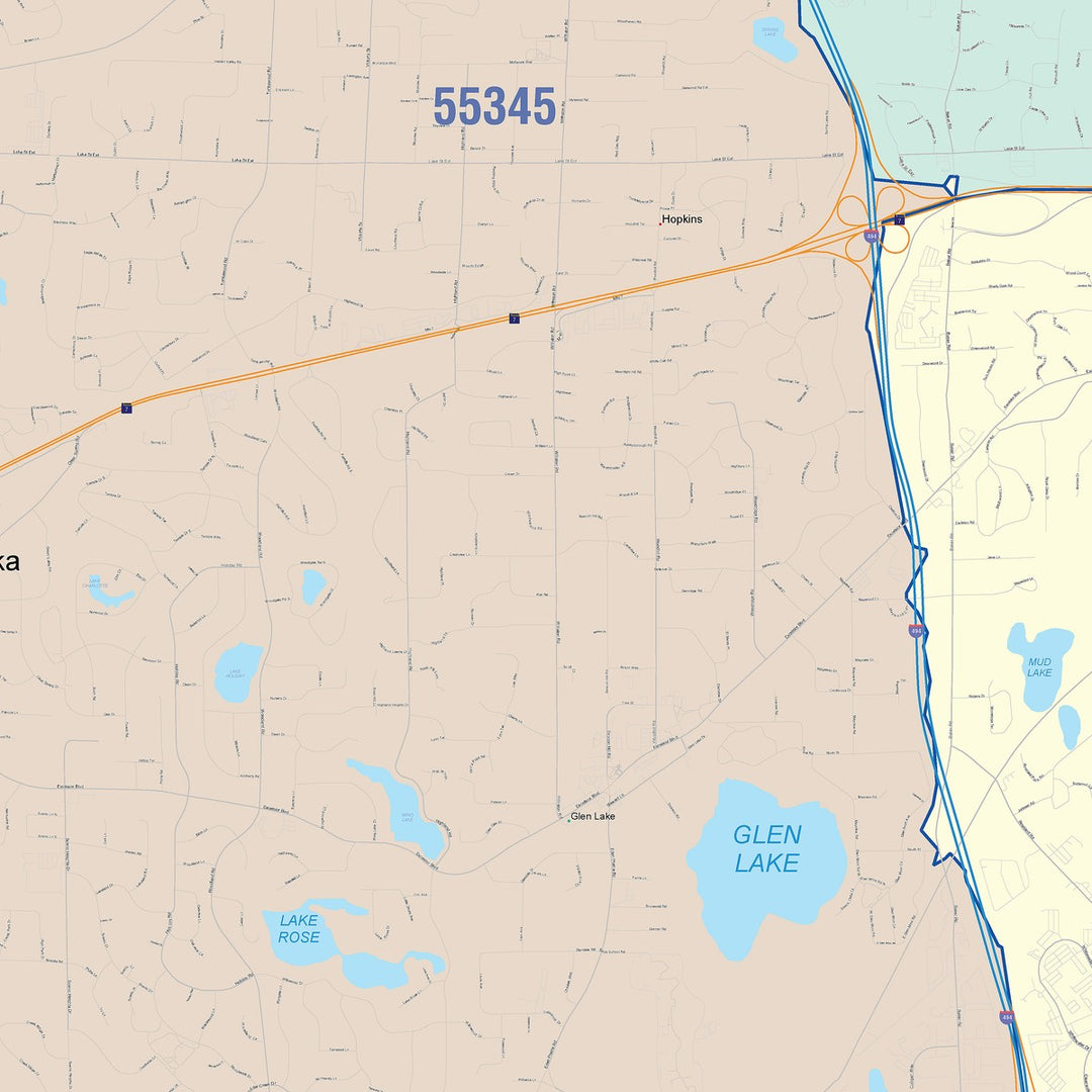Color Cast Zip Code Style Wall Map of Minnetonka, MN