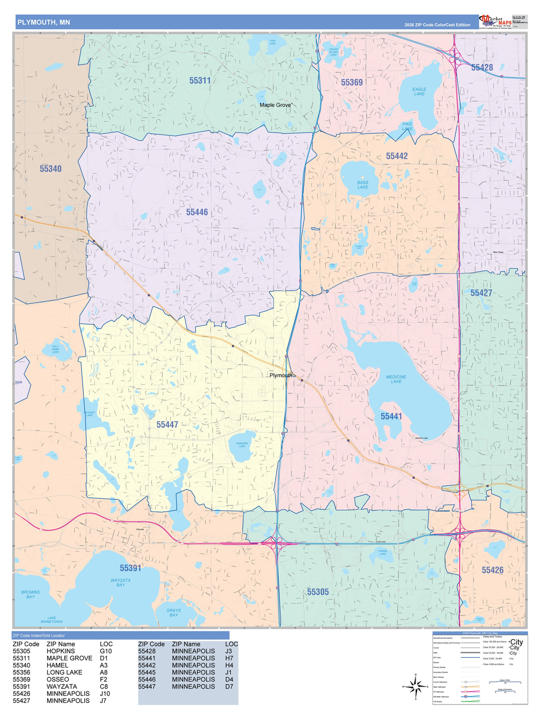 Color Cast Zip Code Style Wall Map of Plymouth, MN