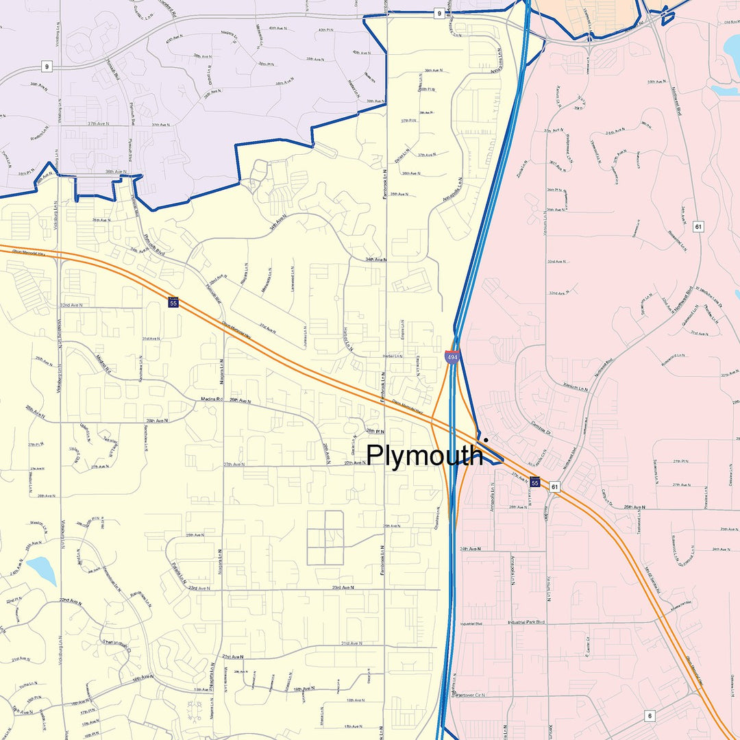 Color Cast Zip Code Style Wall Map of Plymouth, MN