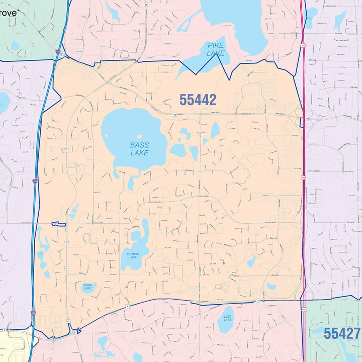 Color Cast Zip Code Style Wall Map of Plymouth, MN