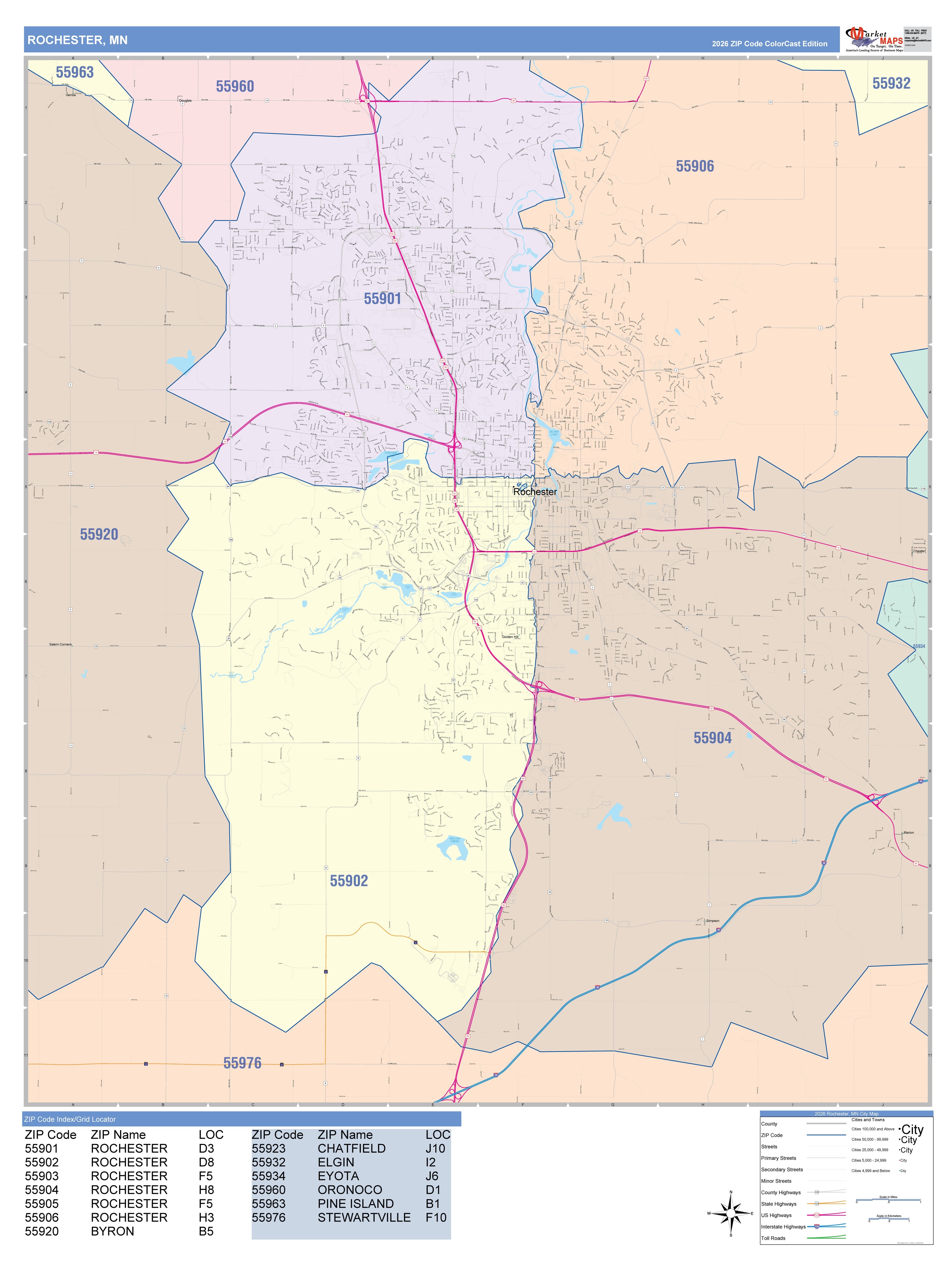 Color Cast Zip Code Style Wall Map of Rochester, MN – American Map