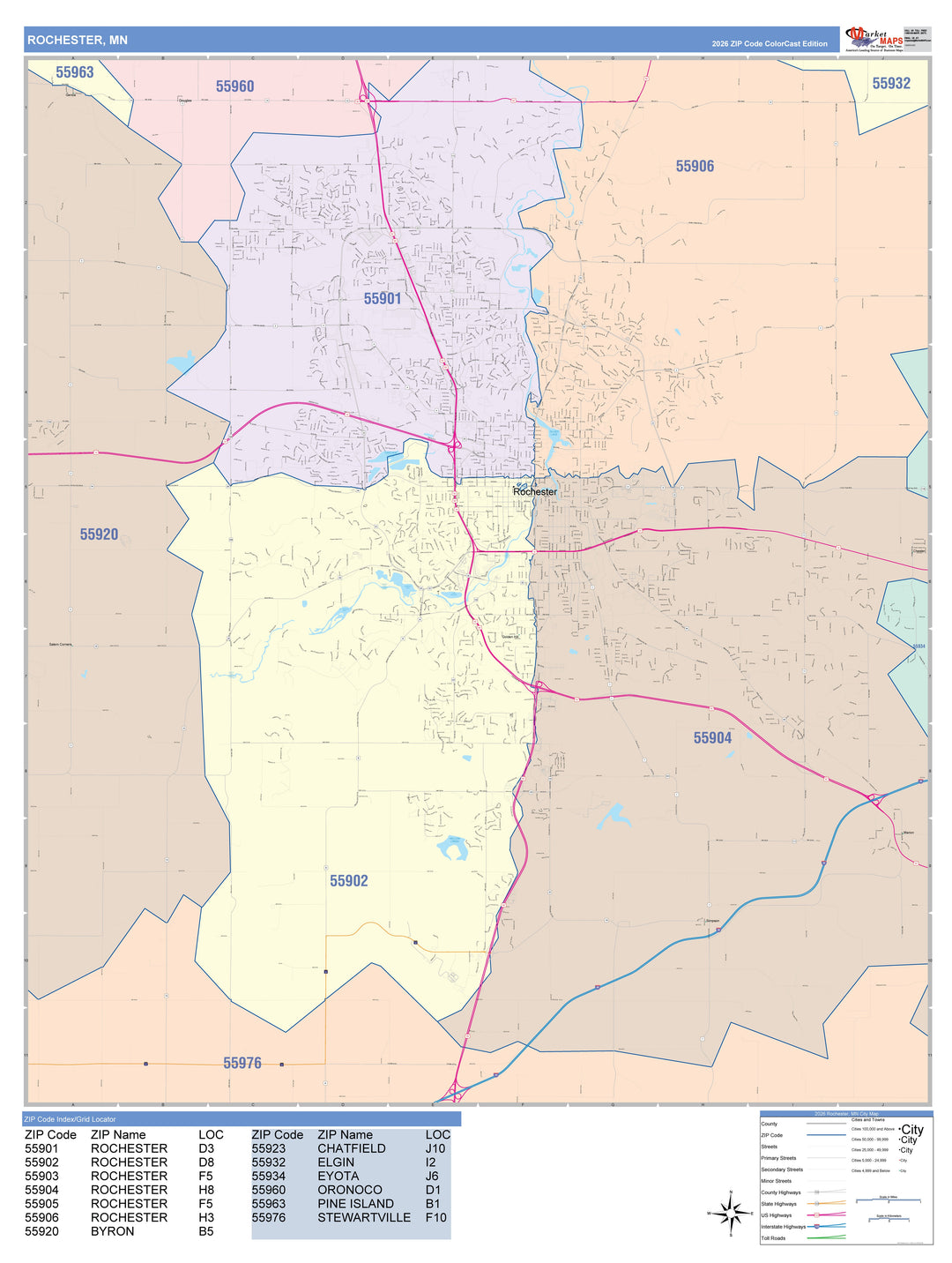 Color Cast Zip Code Style Wall Map of Rochester, MN