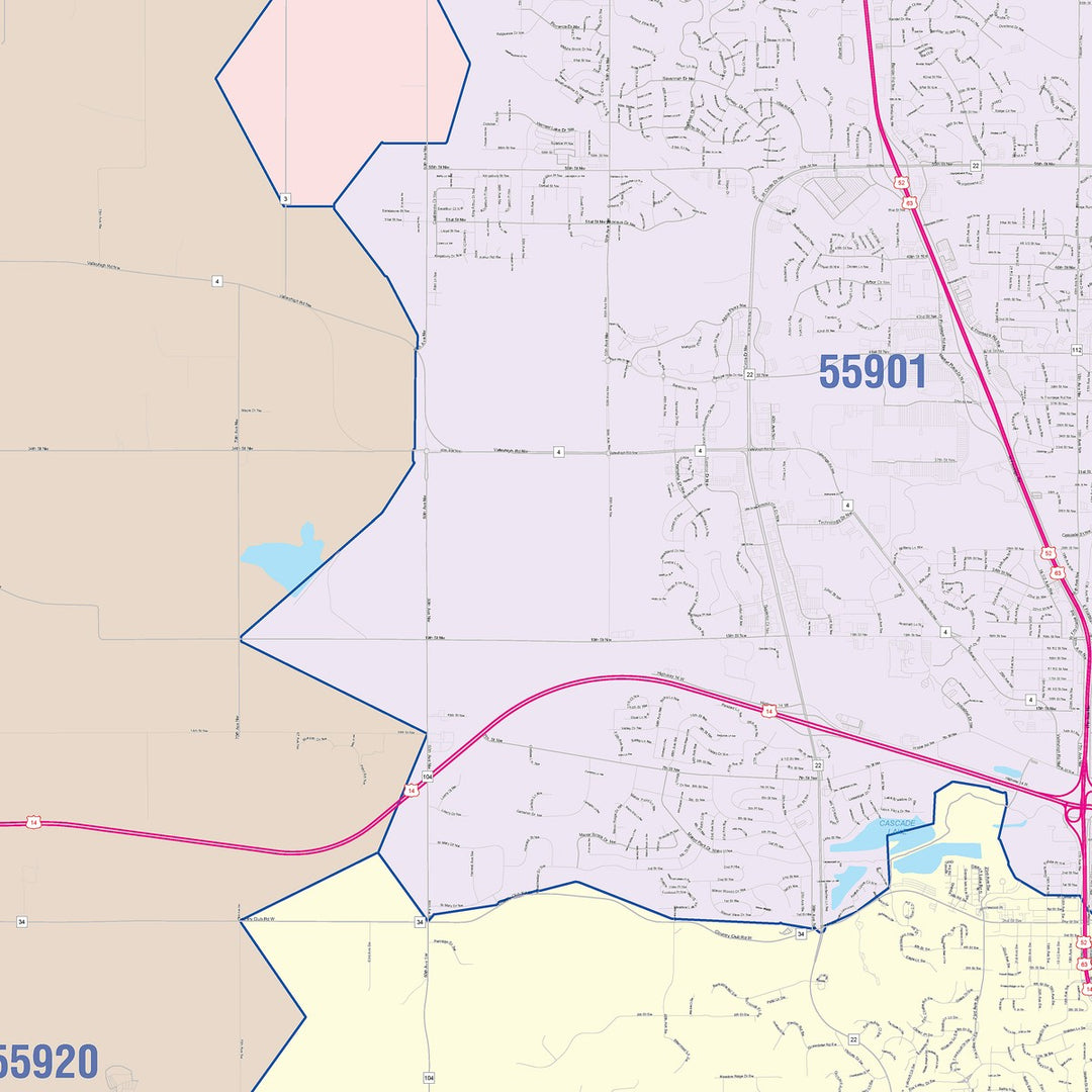 Color Cast Zip Code Style Wall Map of Rochester, MN