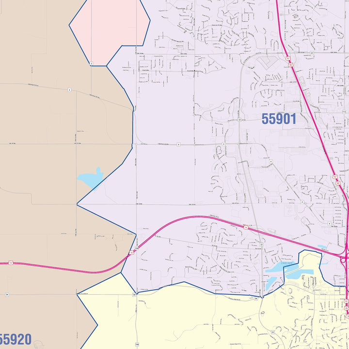 Color Cast Zip Code Style Wall Map of Rochester, MN